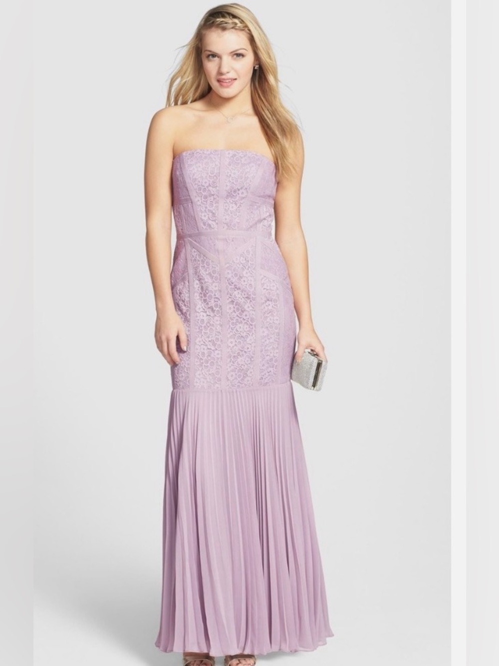 JS Collections Strapless Lace & Pleated Maxi Dress in Lilac